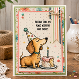 Birthday card with a party-hat dachshund, birthday cake, and the sentiment, “Birthday rule #1: This day is yours.”