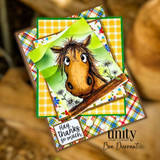 Whimsical horse thank-you card with daisies, colorful patterned papers, and the sentiment, “Hay, thanks so much.”