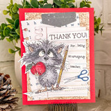 Fun teacher thank you card with raccoon holding apple and pencil.