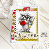 Teacher thank you card with raccoon holding apple and pencil.