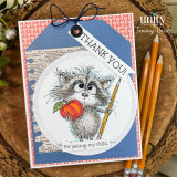 Teacher thank you card with raccoon holding apple and pencil.