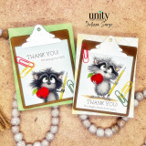 Two clipboard-style teacher thank you cards with raccoons, apples, and pencils.