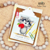Clipboard-style teacher thank you card with raccoon, apple, and pencil.