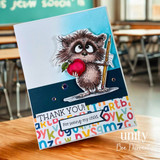 Teacher thank-you card with a raccoon holding an apple and pencil, featuring the sentiment “For seeing my child.”