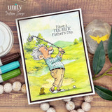 Father’s Day card with a cartoon golfer on a scenic golf course and the sentiment, “Have a TEE-RIFIC Father’s Day.”