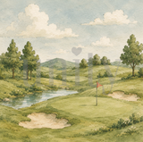 Patterned paper printed as a soft watercolor golf course, with fairway greens, a pond, scattered trees and a red pin flag under a cloudy sky.