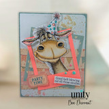 Birthday card with party hat donkey and “Good luck blowing out all those candles” sentiment.