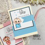 Baby boy card with blue-swaddled baby and “Oh, baby” sentiment.