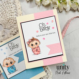 Pink baby card with swaddled baby image and “Oh, baby” sentiment.