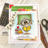 Teacher card with owl reading a book and “The world is better because of teachers like you.”