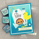 Blue baby boy card with “Oh, baby” tag and sweet baby-themed embellishments.