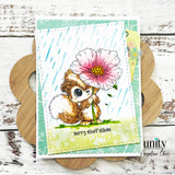 Apology card with skunk holding flower in rain and “sorry stuff stinks” sentiment.