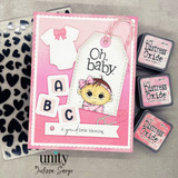 Pink baby girl card with “Oh, baby” tag and “A grand little blessing” sentiment.