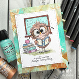 Owl teacher card with books and “A great teacher changes everything” sentiment.