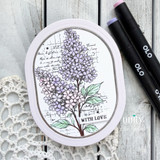Oval floral card with lavender blooms and “With Love” sentiment.