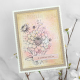 Soft floral greeting card with a blush pink dahlia bouquet, vintage French-inspired background, and the sentiment “a little hello.”