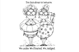 Cabana Critics red rubber stamp set from Unity Stamp Co — two sassy grannies in swimsuits and pool floats with sunglasses at the beach — shown on the black-line stamp sheet with sentiment stamps including “We came. We floated. We judged.” and “Too fabulous to behave.”.