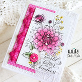 Pink floral encouragement card with a blooming dahlia and the sentiment, “The world is better with your kindness.”