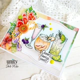 Summer cocktail card with fruity drinks, floral accents, and a “Cheers fancy pants!” sentiment.