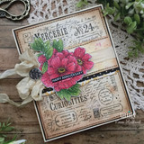 Vintage anniversary card with pink flowers, antique paper layers, and a cream ribbon.