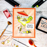 Whimsical bee card with bees around a margarita cocktail and “Cheers, honey” sentiment.