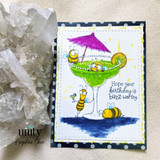 Handmade birthday card featuring playful bees in a bright green margarita with the sentiment, “Hope your birthday is buzz-worthy.”