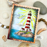Encouragement card with striped lighthouse and comforting seaside sentiment.