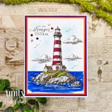 Handmade lighthouse card featuring a coastal scene and the encouraging sentiment, "You are stronger than the storm."