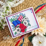 Patriotic floral card with an American flag, red roses, and the sentiment, “Let freedom bloom.”
