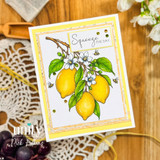 Handmade lemon-themed card with blooming branches and the sentiment, "Squeeze the day."