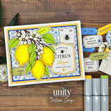 Handmade lemon-themed card featuring blooming citrus branches and vintage labels with a fresh garden-inspired design.