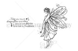 Dragonflies and Fairies red rubber stamp sheet by Angie Blom: a slender winged fairy with 'May you touch dragonflies and stars, dance with fairies and talk to the moon.'