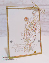 Card with the fairy stamped in warm copper over white with the dragonflies and stars sentiment.