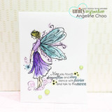 Card with the fairy colored in purple and teal wings over a subtle chevron background with the fairy sentiment.