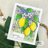 Lemon-themed handmade card with floral branches and “Squeeze the day” sentiment.