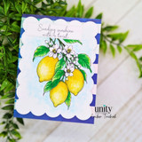 Blue striped lemon-themed card with citrus blossoms and “Sending sunshine with a twist” sentiment.