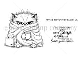 Line-art stamp of a grumpy cat burrowed in a blanket with tissues, sentiment 'you look like you need soup, naps, and everyone to leave you alone.'