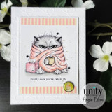 Funny card with a grumpy cat wrapped in a pink blanket holding a mug, with the sentiment “Pretty sure you’re fakin’ it.”