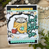 Card of the ginger blanket-wrapped cat, 'feel better soon.'