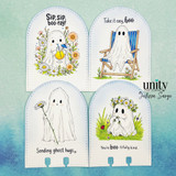 Set of four ghost-themed bookmarks featuring flowers, cheerful sentiments, and whimsical seasonal illustrations.