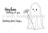 Line-art stamp sheet with a sweet round-eyed ghost holding a single daisy, above the hey boo, thinking of you and sending ghost hugs sentiments.