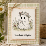 Handmade card with a flower-crowned ghost holding a bouquet and the sentiment, “You’re boo-tifully kind.”