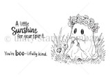 Outline stamp sheet of a sweet ghost wearing a daisy flower crown sitting among grass, beside "You're boo-tifully kind" and "A little sunshine for your spirit."