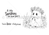 Red rubber stamp sheet with a shy little ghost in a daisy crown peeking through tall grass and wildflowers, beside sweet Halloween sentiments reading 'A little sunshine for your spirit' and 'You're boo-tifully kind'.