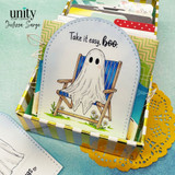 Ghost-themed bookmark featuring a ghost in a blue beach chair with the sentiment, “Take it easy, boo.”