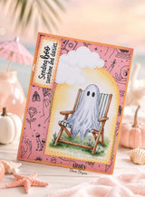 Ghost-themed card with a ghost lounging in a beach chair and the sentiment, “Sending boo sunshine and daisies.”