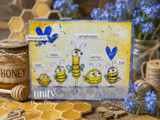 Bee-themed friendship card with five whimsical bees, playful greetings, blue hearts, and a “From All of Us” sentiment.