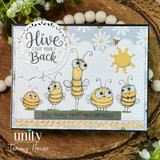 Bee-themed encouragement card with five whimsical bees, a “Hive Got Your Back” sentiment, and a “Bee Your Own Masterpiece” banner.