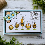 Bee-themed friendship card with five whimsical bees, honeycomb accents, blue flowers, and a “Hive Got Your Back” sentiment.
