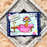Spa-themed cat card with a lounging tabby in sunglasses and the sentiment “You deserve to be pam-purred.”